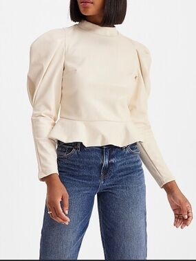 Express Cream Faux Leather Mock Neck Peplum Top with Puff Sleeves